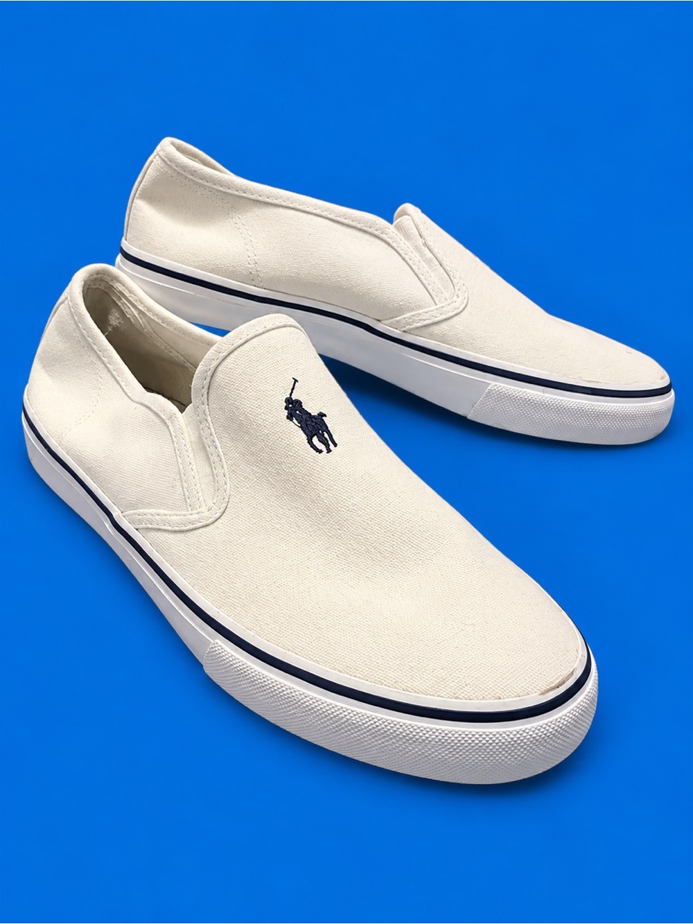 Polo by Ralph Lauren White Canvas Slip-On Sneakers with Navy Polo Logo